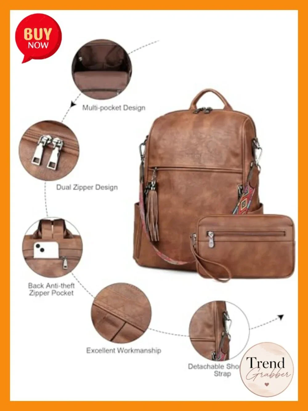 13 inch Waterproof PU Leather Laptop Backpack Convertible Travel Work Bag for
